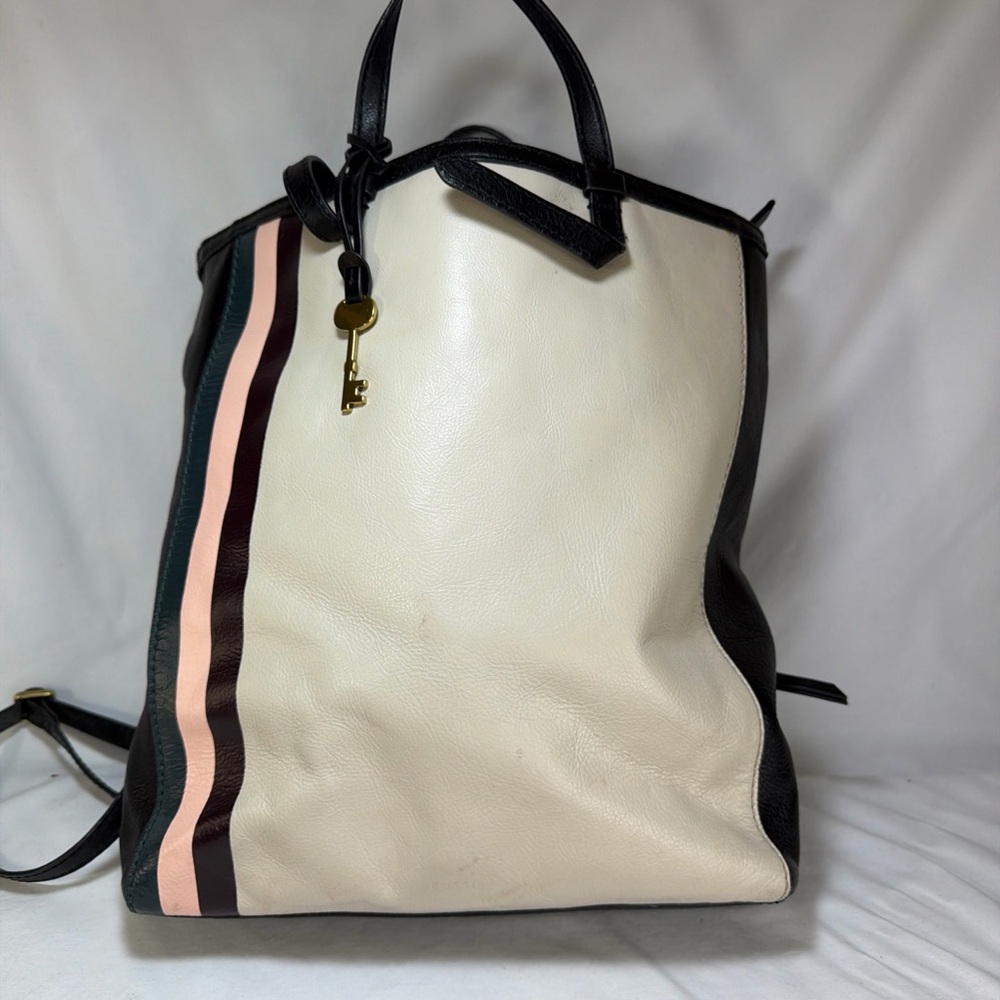 Fossil Black and Cream Backpack with Pink Accents